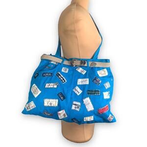 Upcycled Maxi Tote Bag Vintage Blue Jeans Logos Belt Detail OOAK Handmade Purse‎